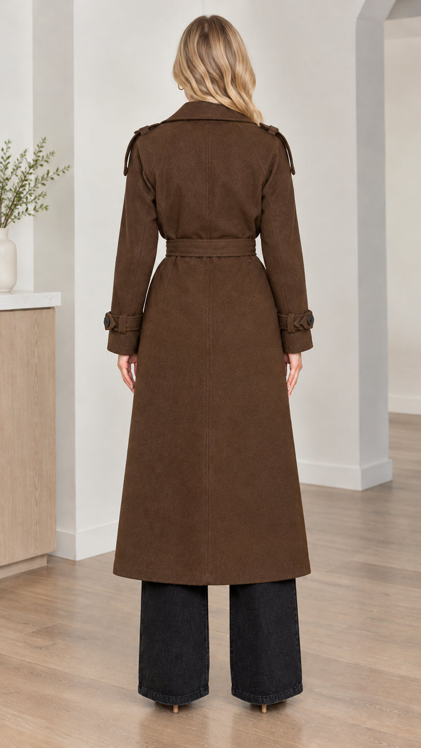 Back full-length view of woman wearing brown long trench coat showing back storm flap and belted waist