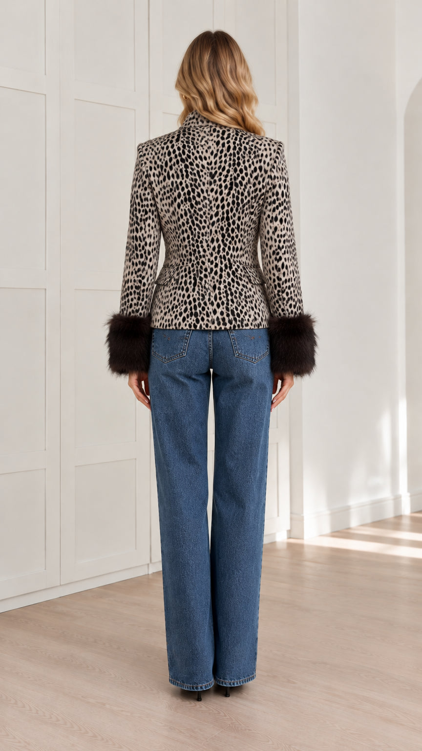 Back view of tailored beige leopard print jacket with faux fur trimmed sleeves