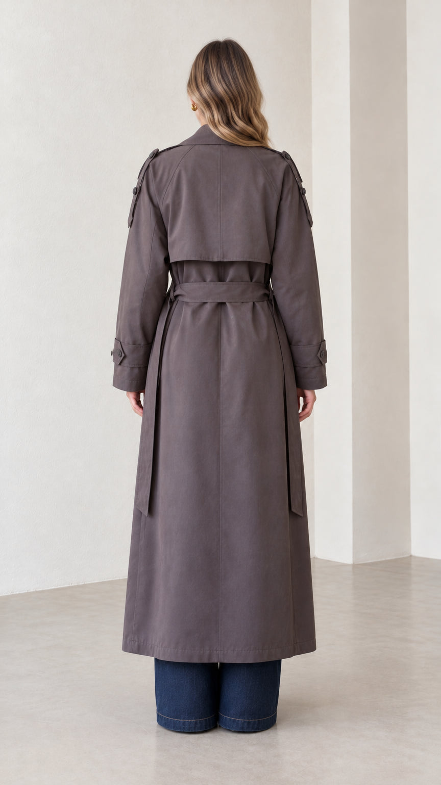 Back view of woman wearing charcoal long trench coat featuring rear storm flap and belted waist