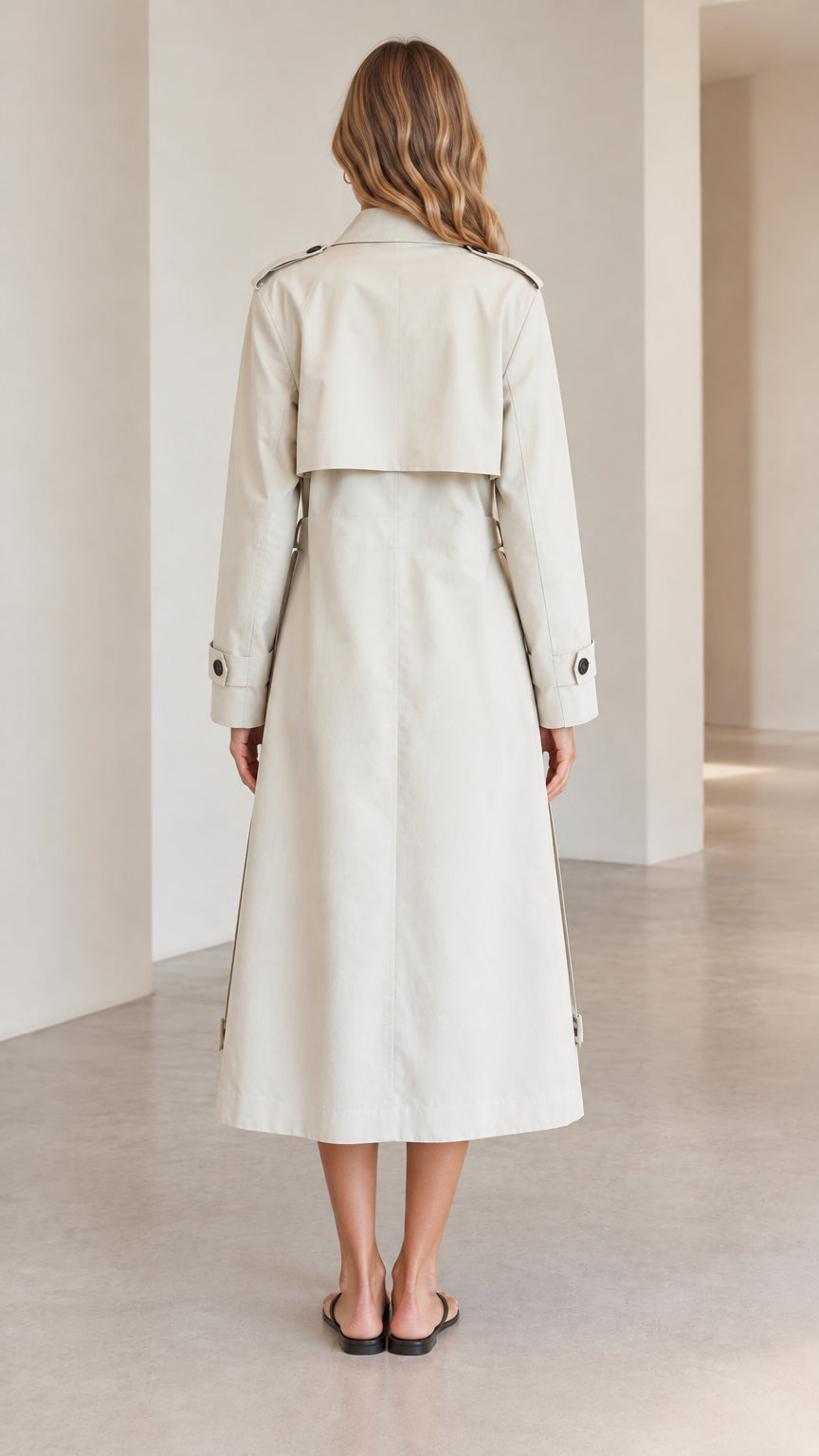 Back view of woman wearing beige trench coat with storm flap and belt