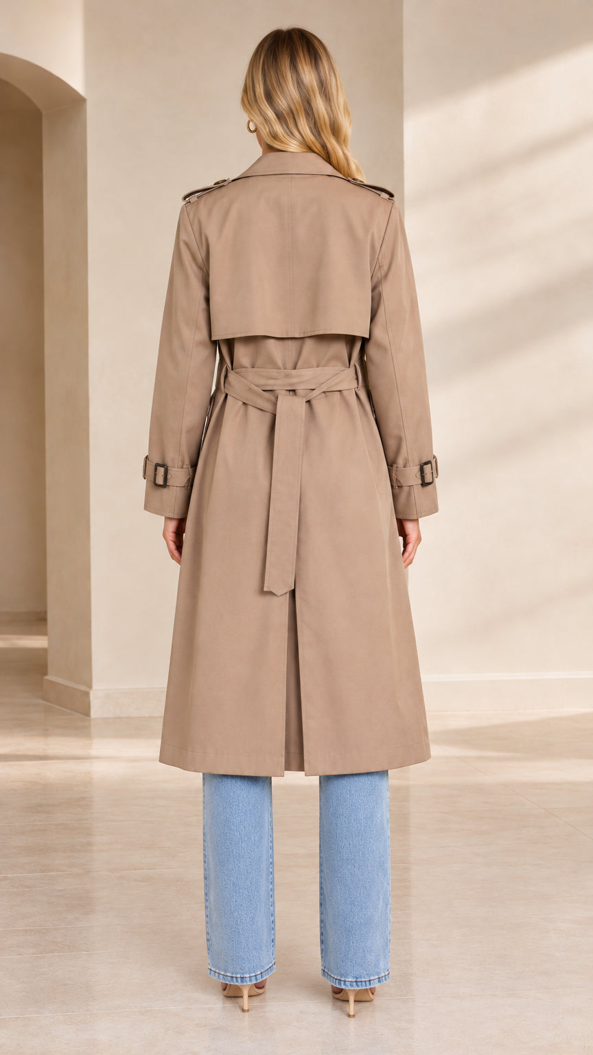 Rear view of model wearing khaki long trench coat showing back storm flap and vent