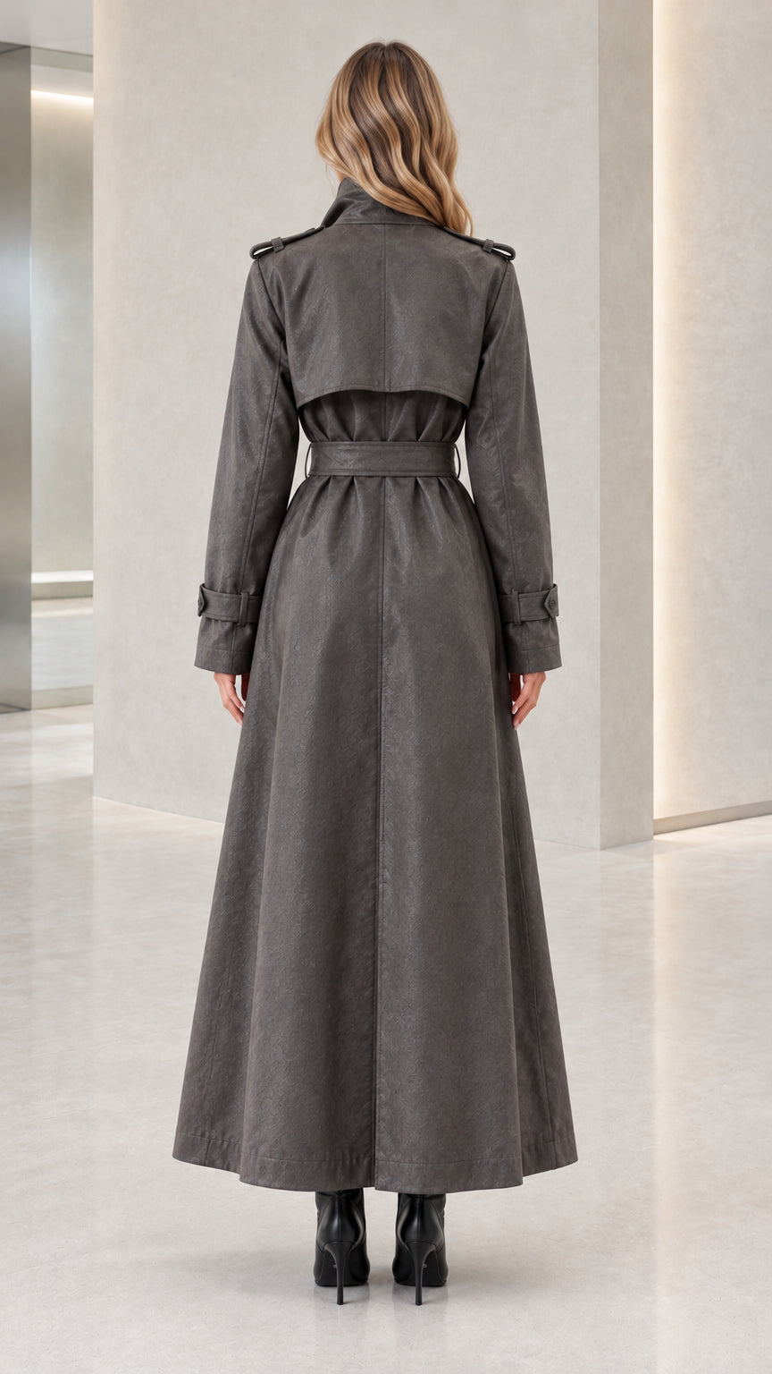 Back view of women's charcoal grey maxi trench coat featuring storm flap and belted waist