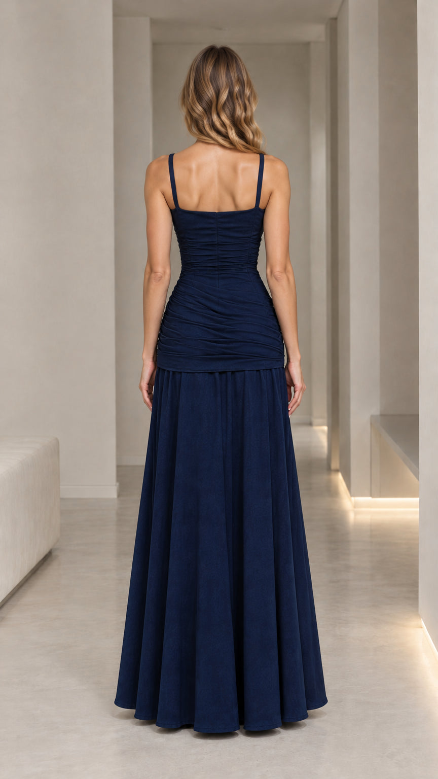Back view of Navy Blue sleeveless floor-length ruched dress