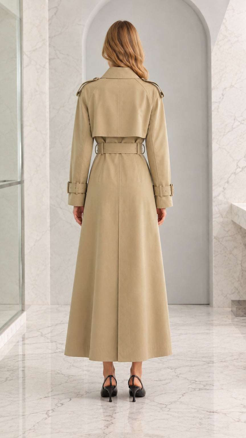 Back full-length view of khaki maxi trench coat showing storm flap
