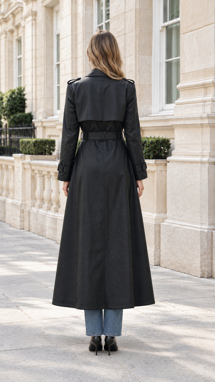 Rear view of model wearing a black long trench coat showing back storm flap and belted waist
