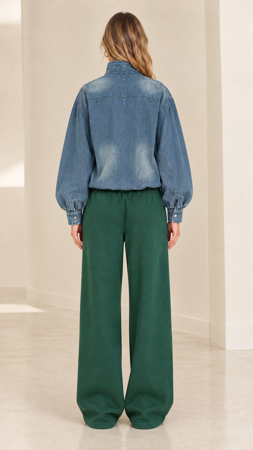 Back view of model wearing blue washed jacket and wide-leg green pants