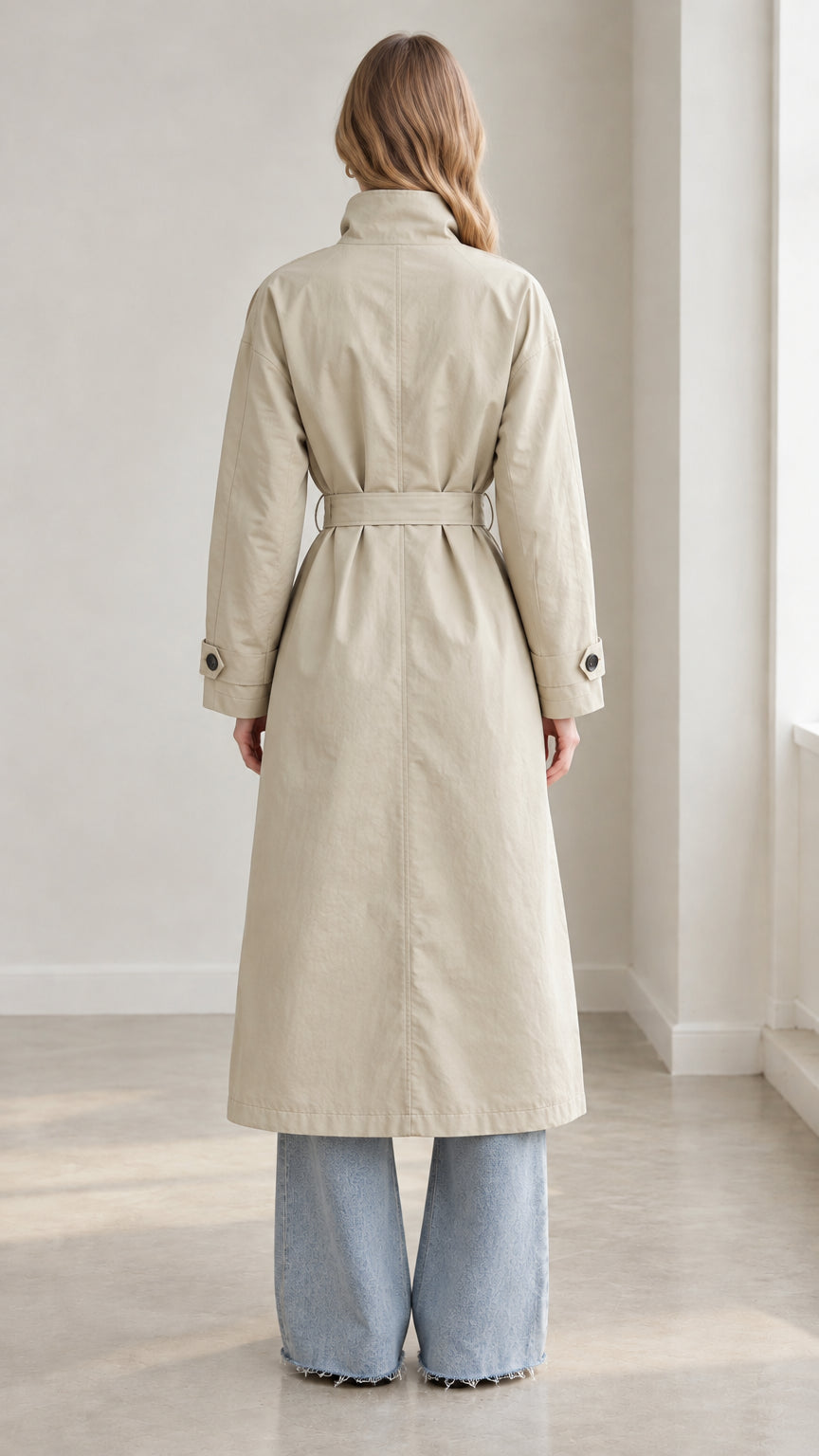 Rear view of woman wearing beige high-neck midi trench coat showing back seam detailing