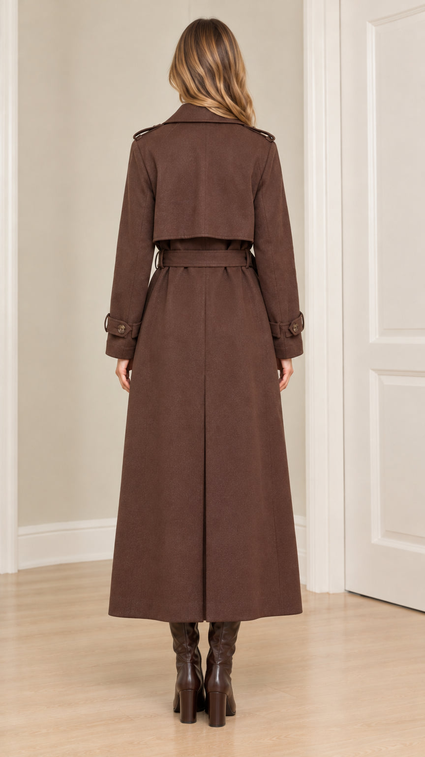 Back view of model wearing long brown trench coat showing storm flap and belt
