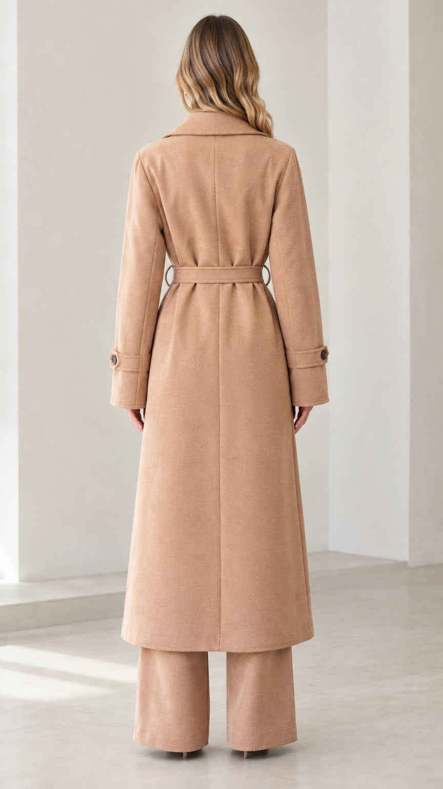 Back view of woman wearing longline camel overcoat with waist belt
