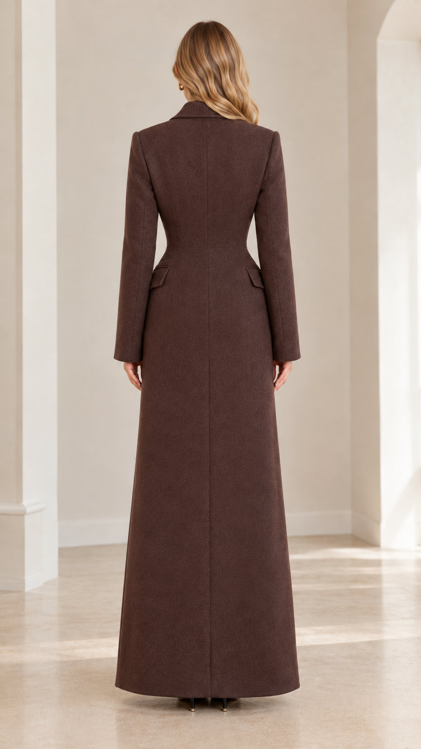 Back view of woman wearing brown cinched waist maxi overcoat
