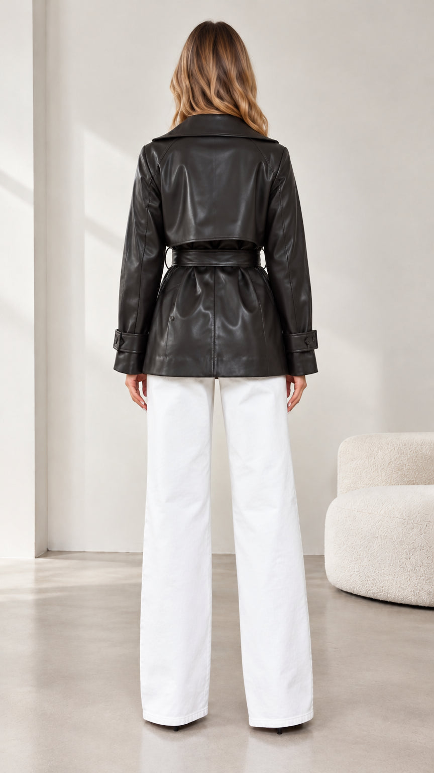 Back view of model wearing black faux leather belted trench jacket showing back yoke detail