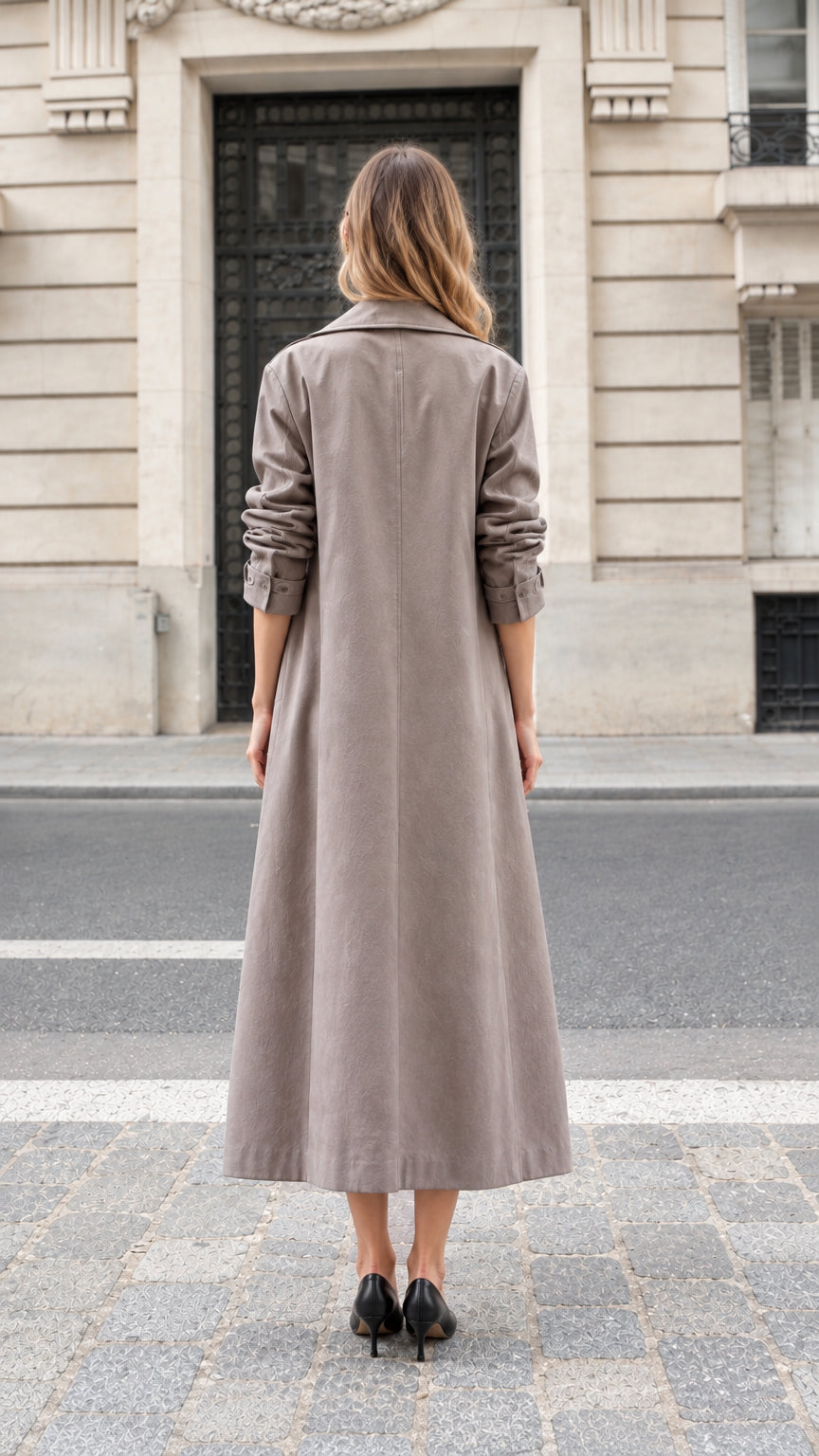 Back view of model showing full length and back vent of taupe trench coat