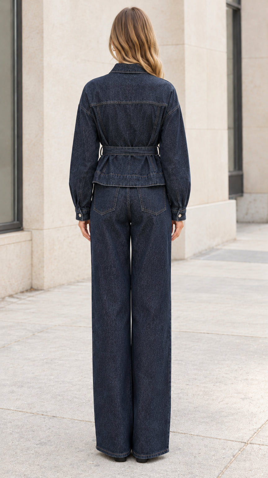 Back view of model wearing dark blue belted denim jacket and wide-leg trousers