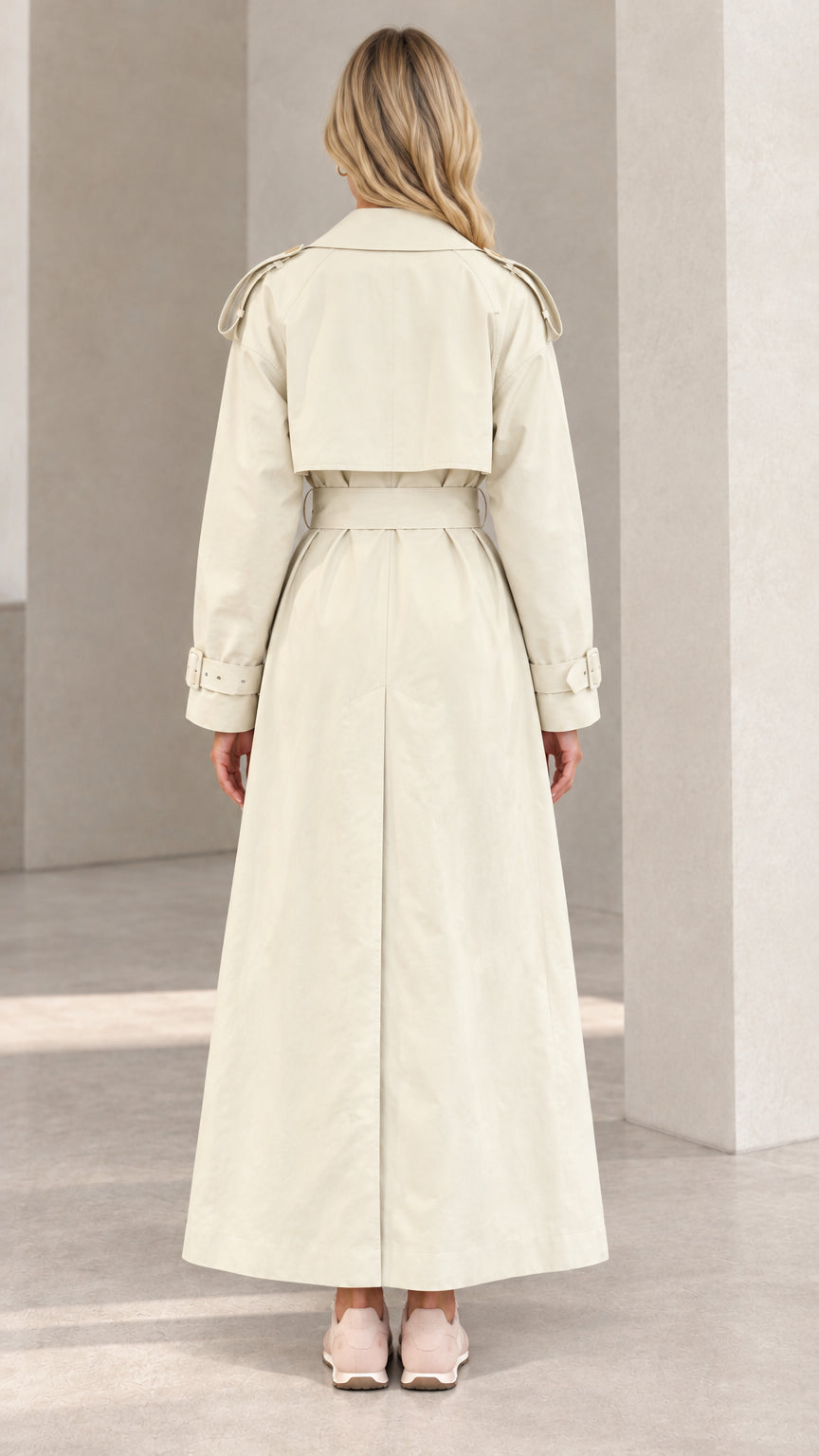 Back view of model wearing cream maxi trench coat highlighting storm flap and back vent