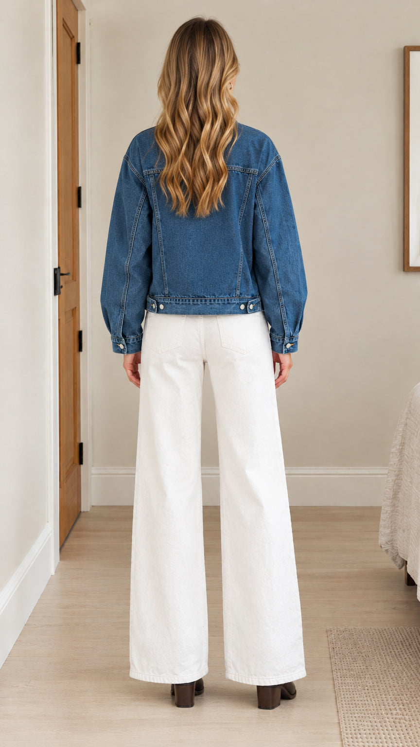 Back view of model wearing Medium Blue denim jacket with back yoke and waistband details