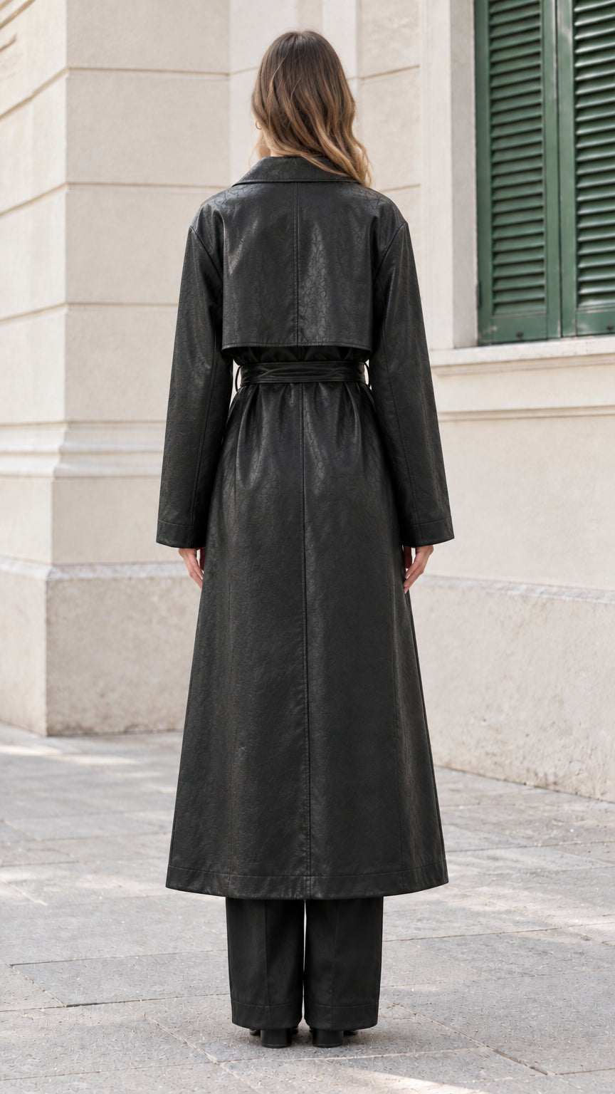 Back view of model showcasing rear storm flap and back vent on black trench coat