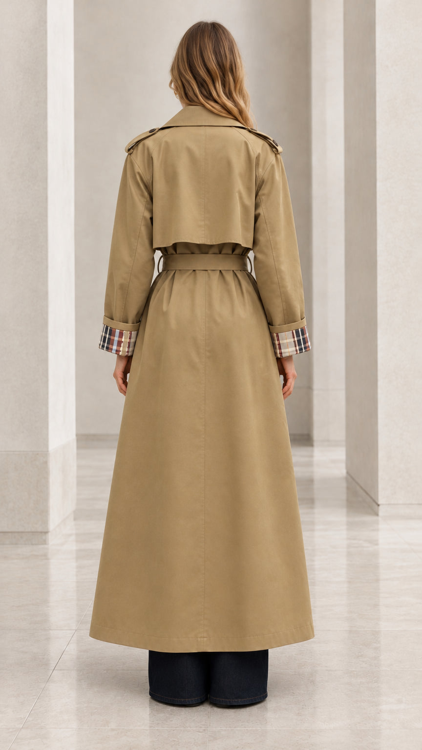 Back view of women's camel maxi trench coat with back storm flap and belted waist