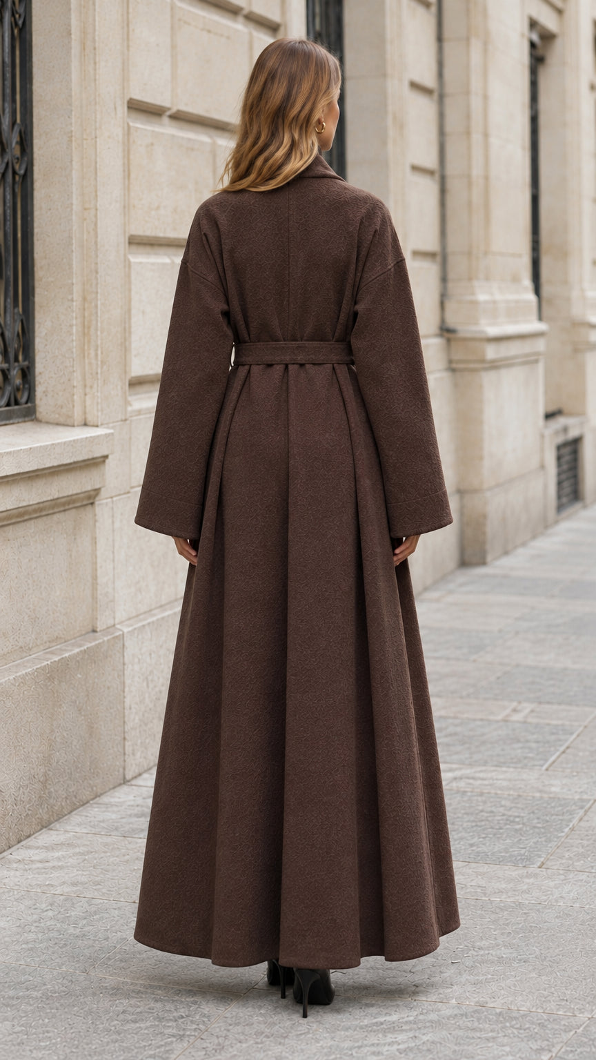 Back view of woman wearing brown maxi coat showcasing belted waist and flared hem