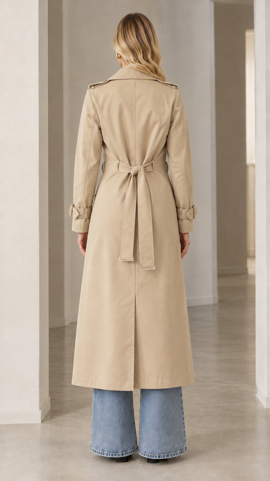 Back view of the beige long trench coat highlighting the tied waist sash and back vent