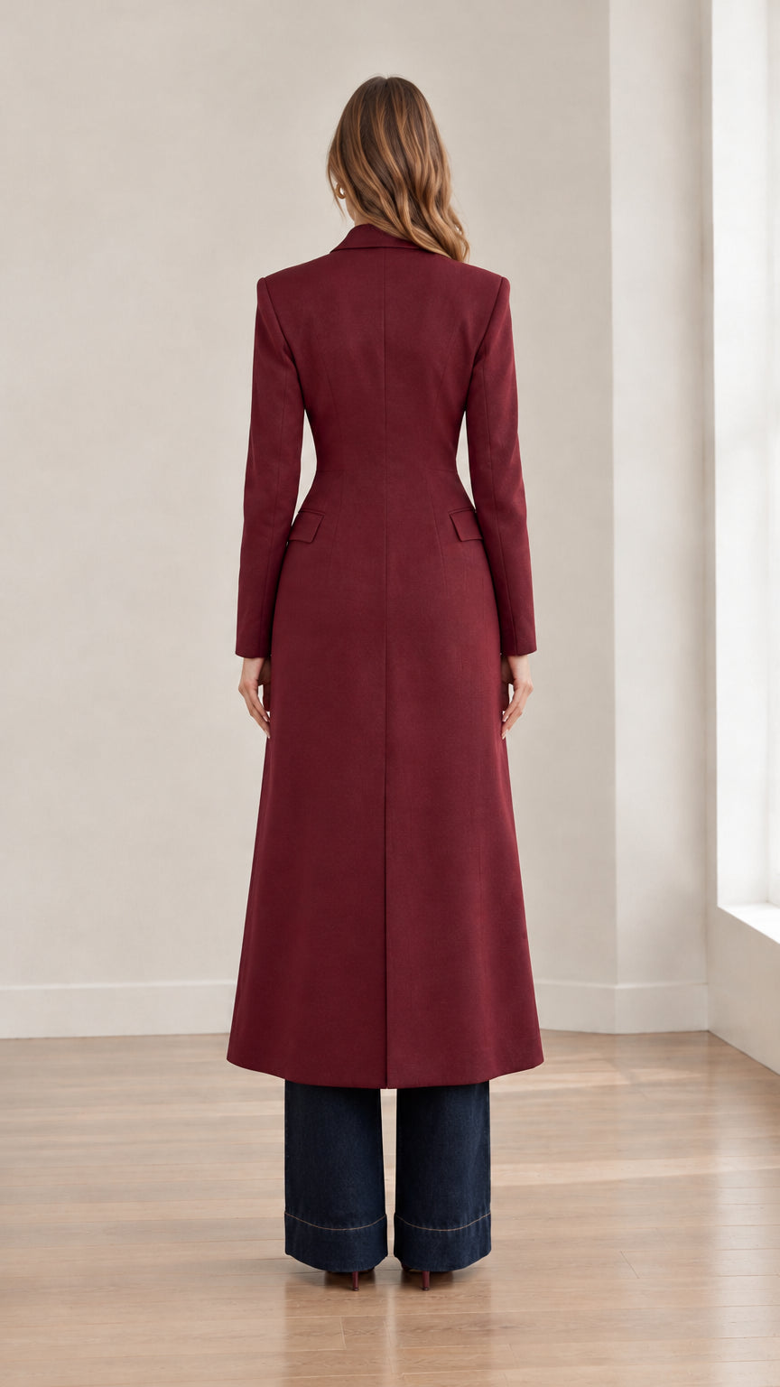 Back view of burgundy maxi blazer coat highlighting contoured waist and back vent