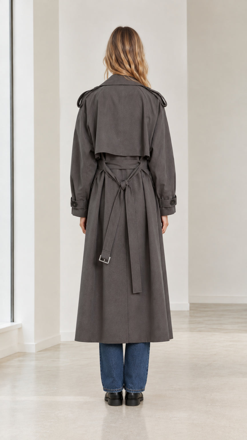 Back view of model wearing charcoal grey maxi trench coat with tied belt and storm flap