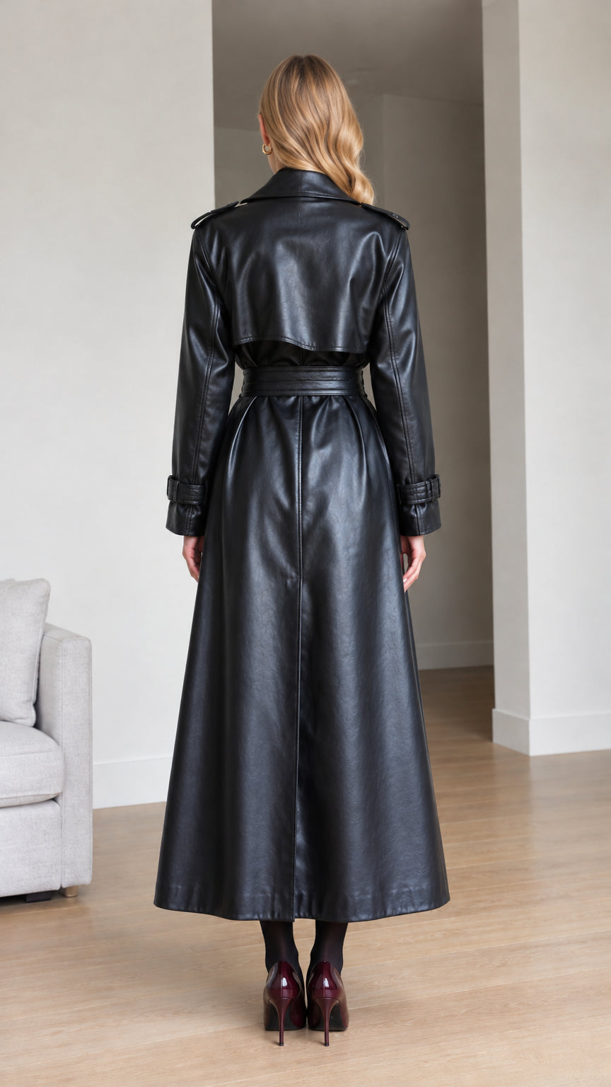 Rear view of model showing back storm flap on long black faux leather trench coat