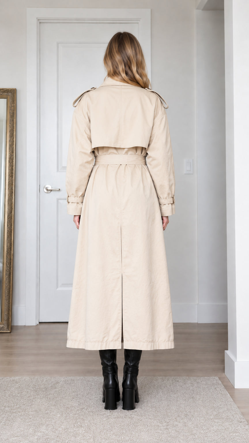 Back view of model in beige long belted trench coat showing back storm flap and center vent