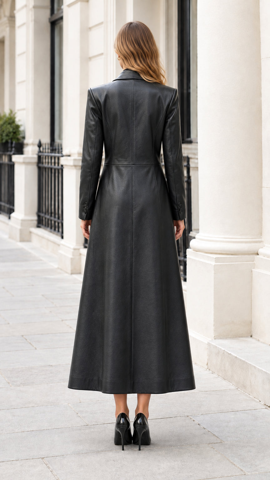 Back view of woman wearing tailored black leather-look maxi trench coat