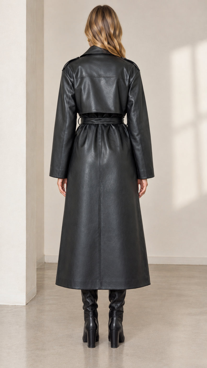 Back view of black faux leather trench coat featuring back yoke flap and tied belt