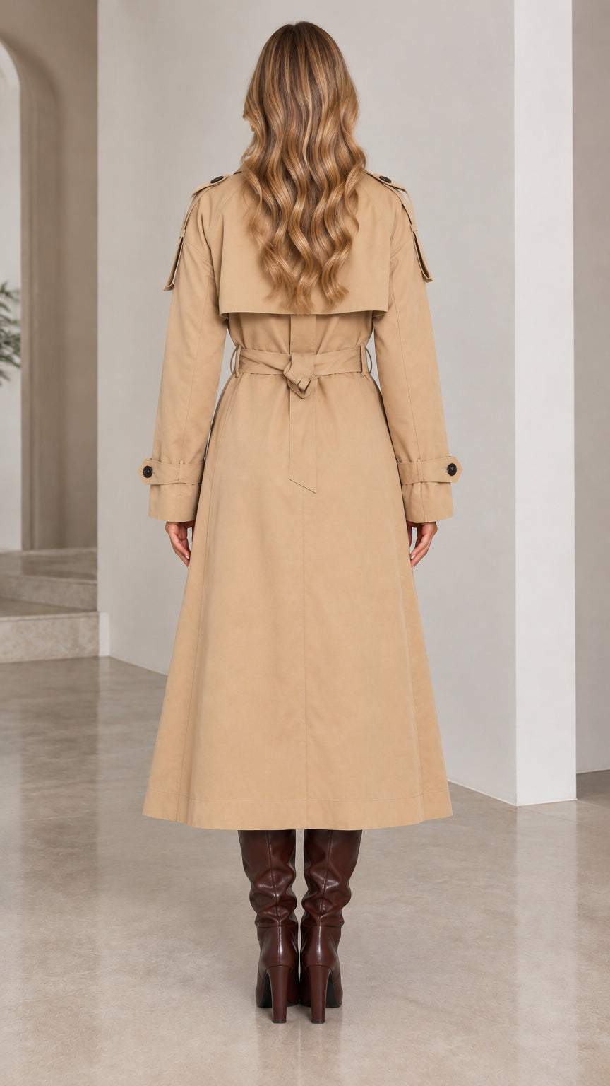 Back view of woman wearing long camel trench coat with tied waist belt