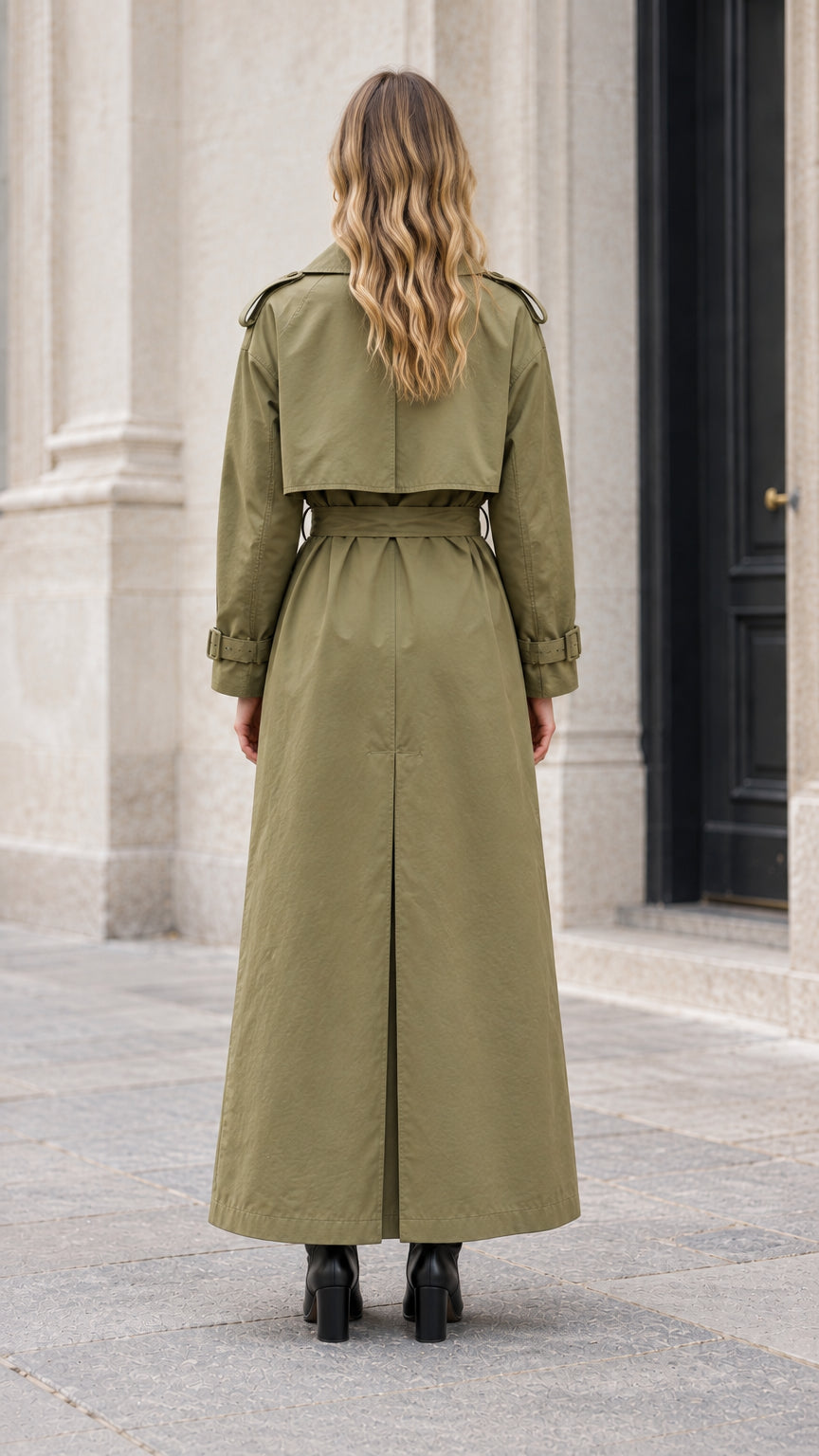 Back view of woman wearing olive green maxi trench coat showing back storm flap and vent