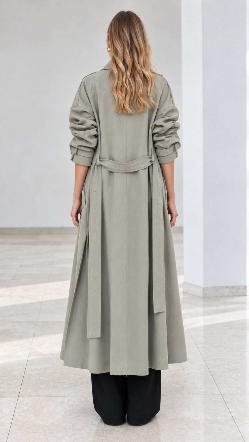 Back full length view of model in sage green belted trench coat