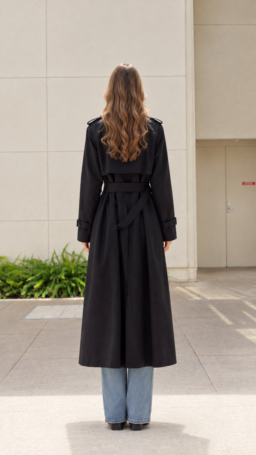 Back view of woman wearing belted black maxi trench coat showing storm flap