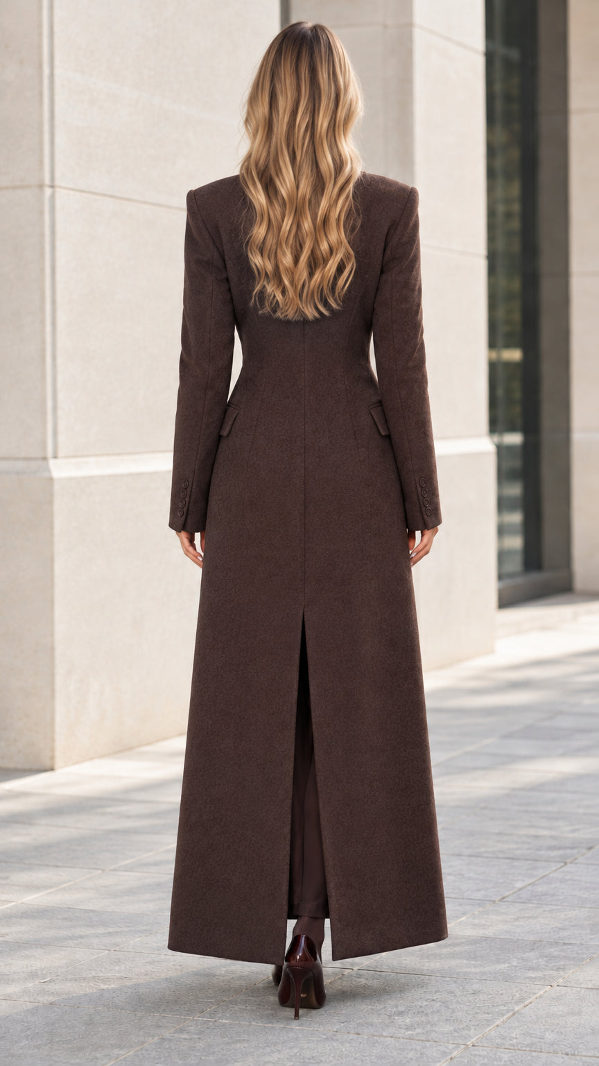 Back view of the chocolate brown maxi coat showing the center-back slit vent