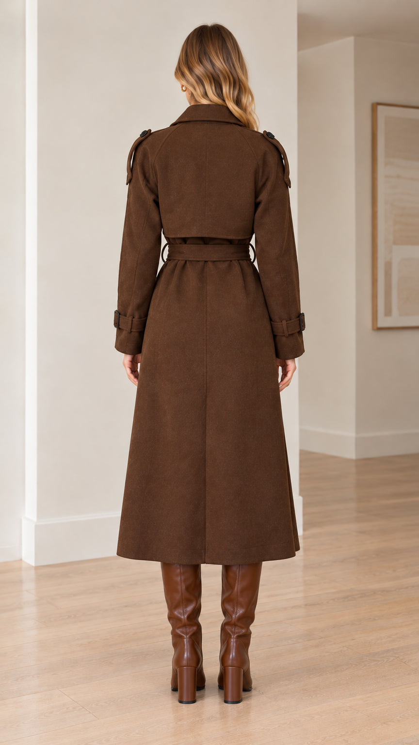 Back view of model wearing tailored brown trench coat with waist sash