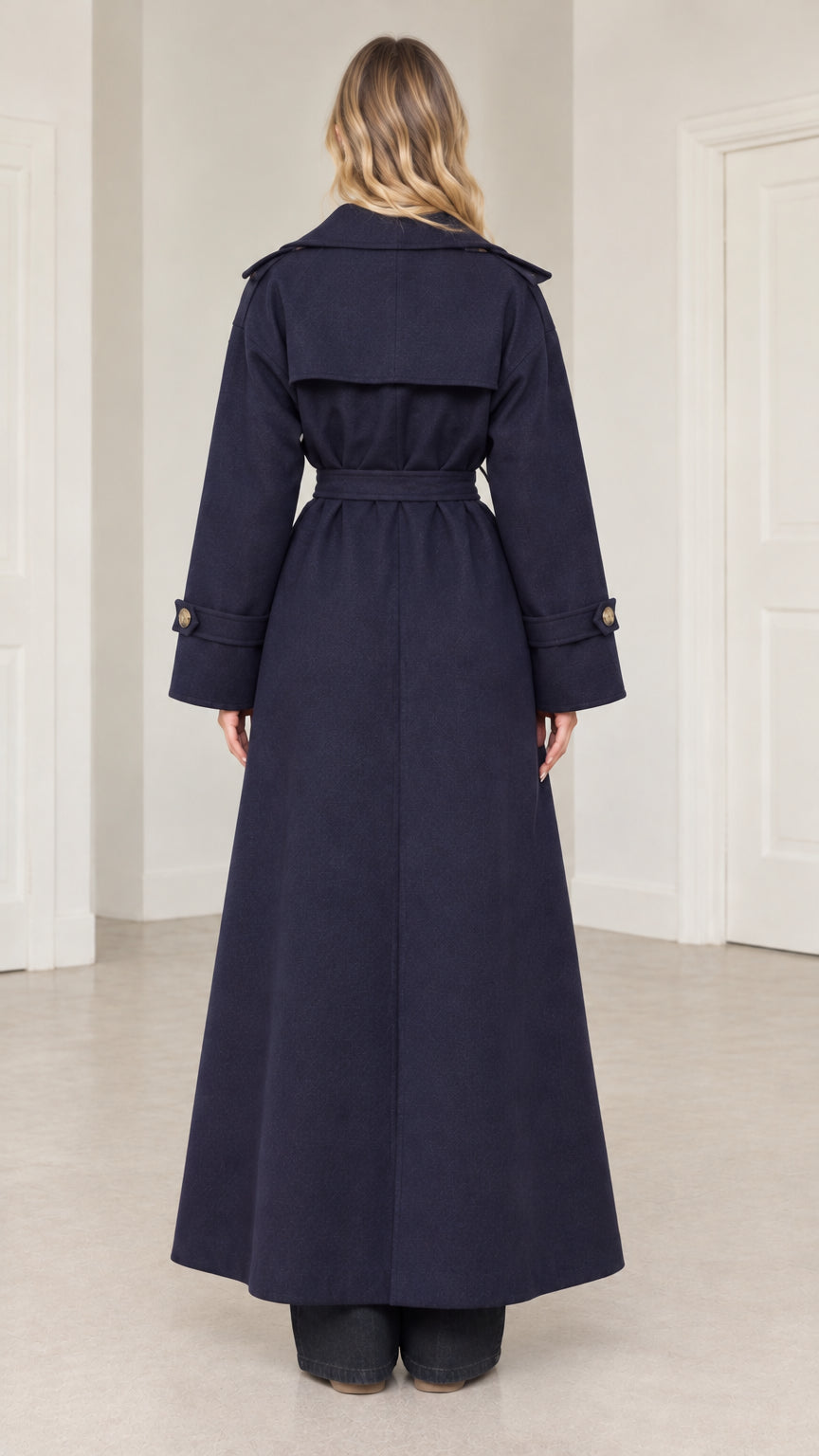 Back full-length view of woman wearing navy blue maxi trench coat with waist tie