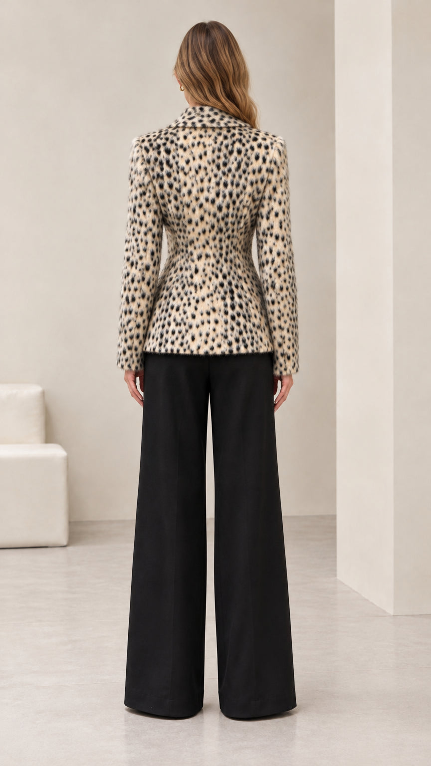 Back view of woman wearing cream tailored animal print jacket highlighting waist seams
