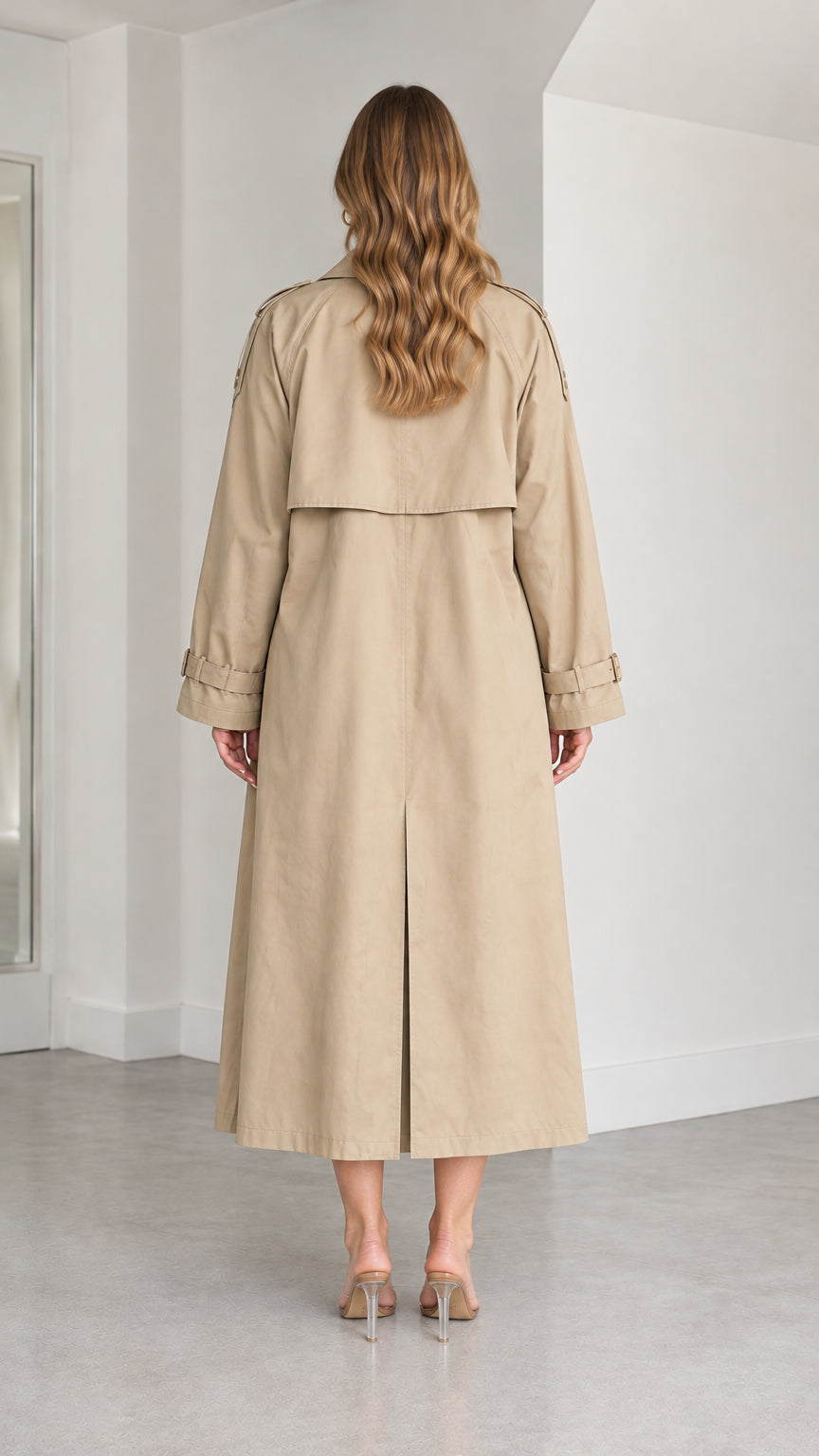 Back full-length view of woman wearing khaki trench coat showing storm flap and back slit