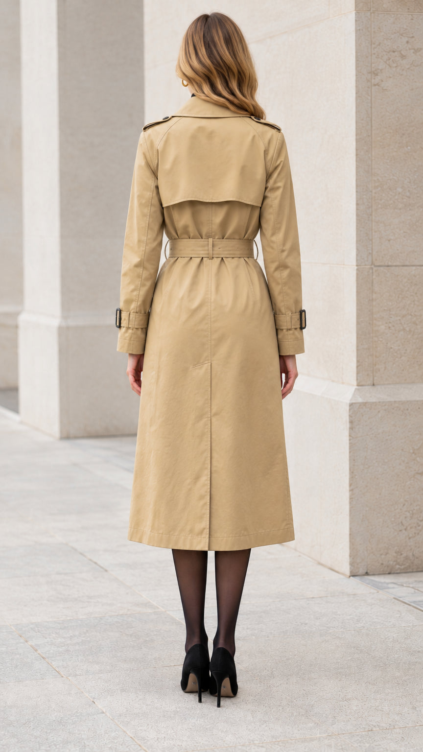 Back view of woman showing the storm flap and belted waist of the khaki trench coat
