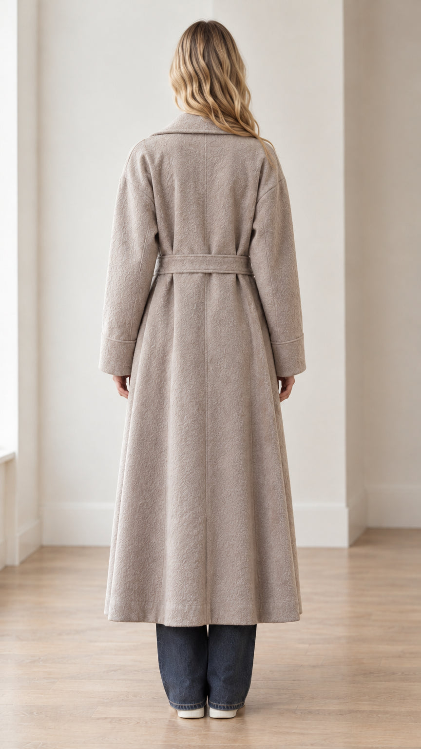Back view of model wearing taupe longline coat tied neatly at the back