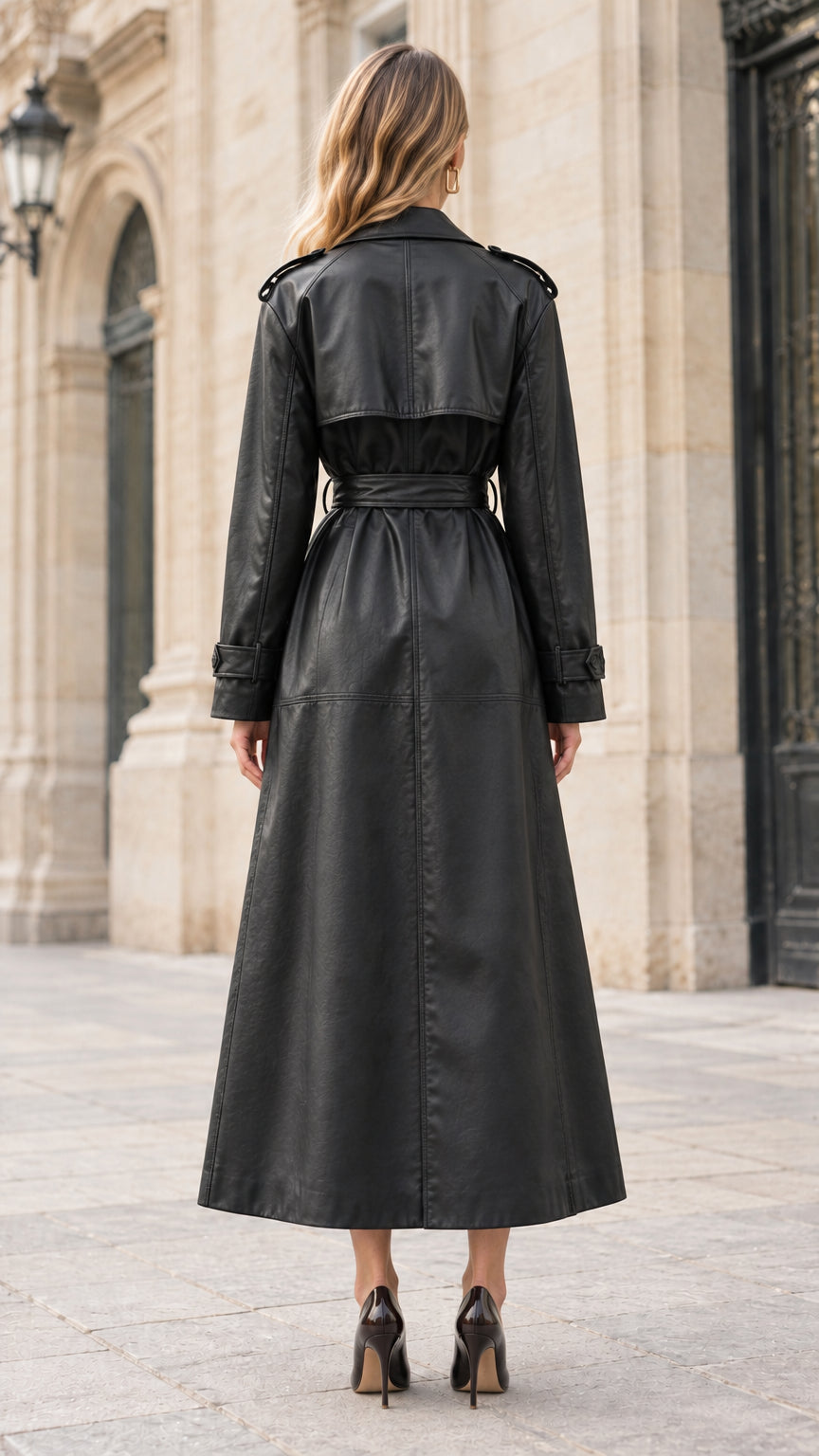 Back view of woman wearing black faux leather trench coat featuring back storm flap