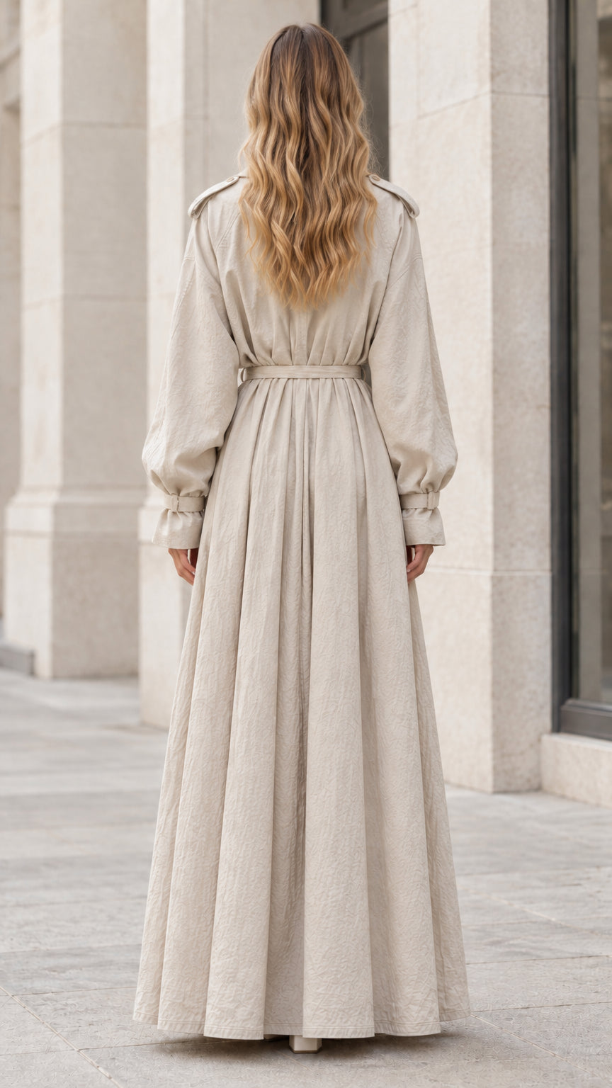 Back view of model showcasing the fluid gathered skirt of the beige maxi dress