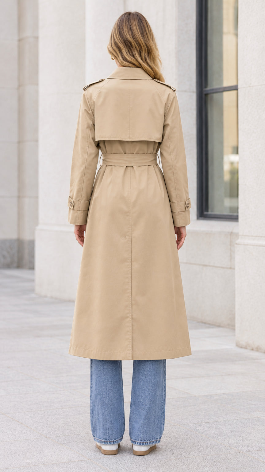 Rear view of woman wearing beige long trench coat highlighting back storm flap and center vent