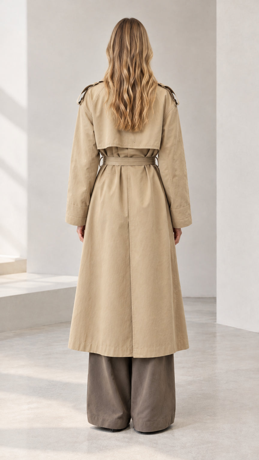 Back view of long khaki trench coat showing storm flap detail and waist tie