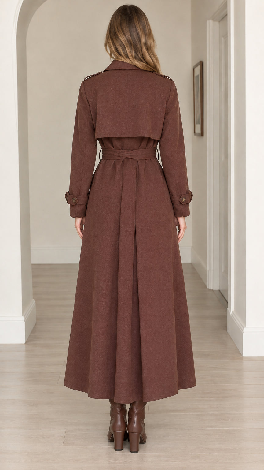 Back view of women's maxi trench coat in brown showing back storm flap