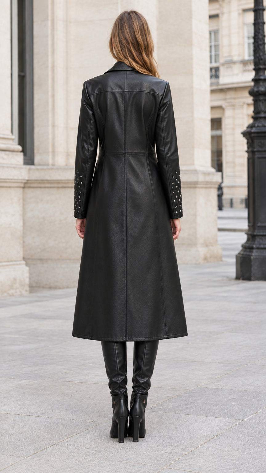 Back view of model wearing long black faux leather tailored coat