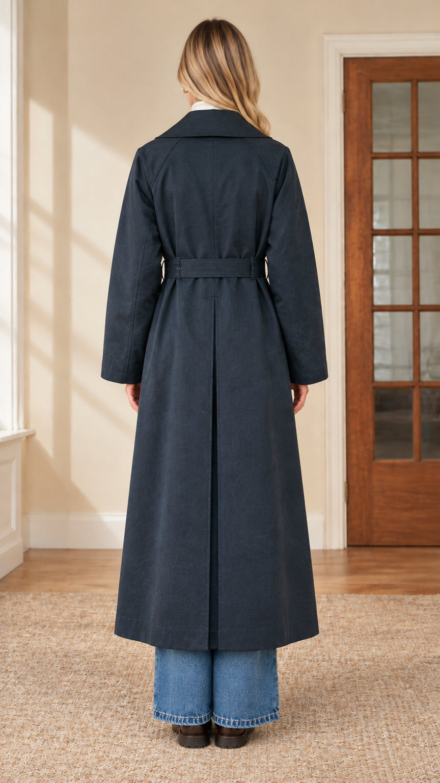 Back view of navy blue maxi trench coat showing back waist tab and center movement vent
