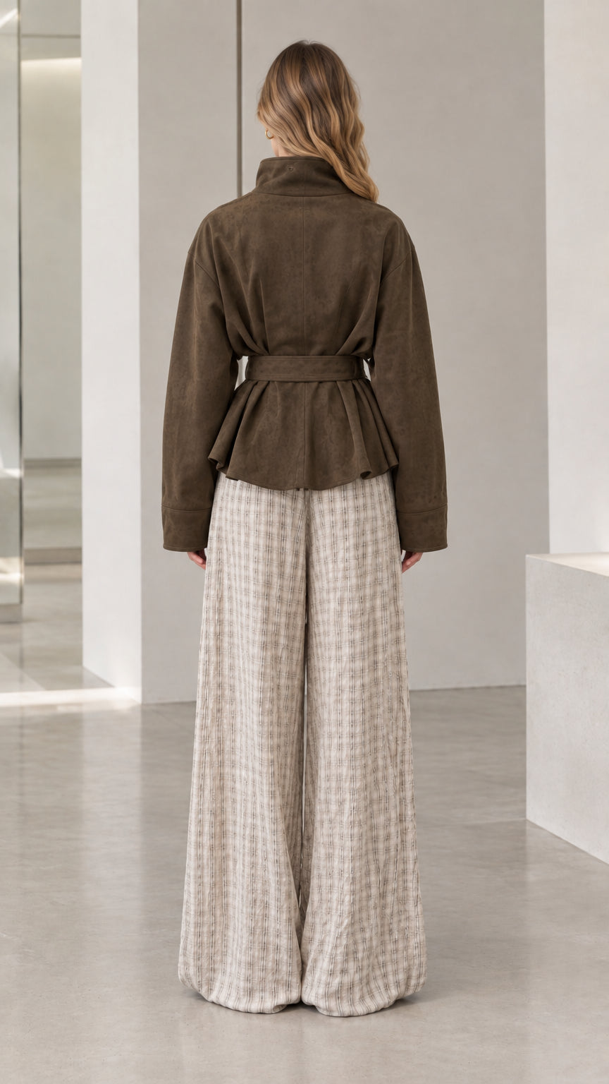 Back view of woman wearing dark olive tie-waist jacket highlighting structured shoulders and hemline