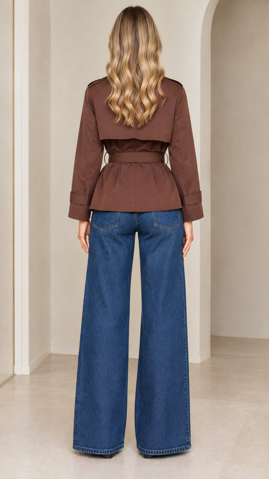 Back full-length view of model showing the rear flap and belted waist of the brown cropped trench jacket