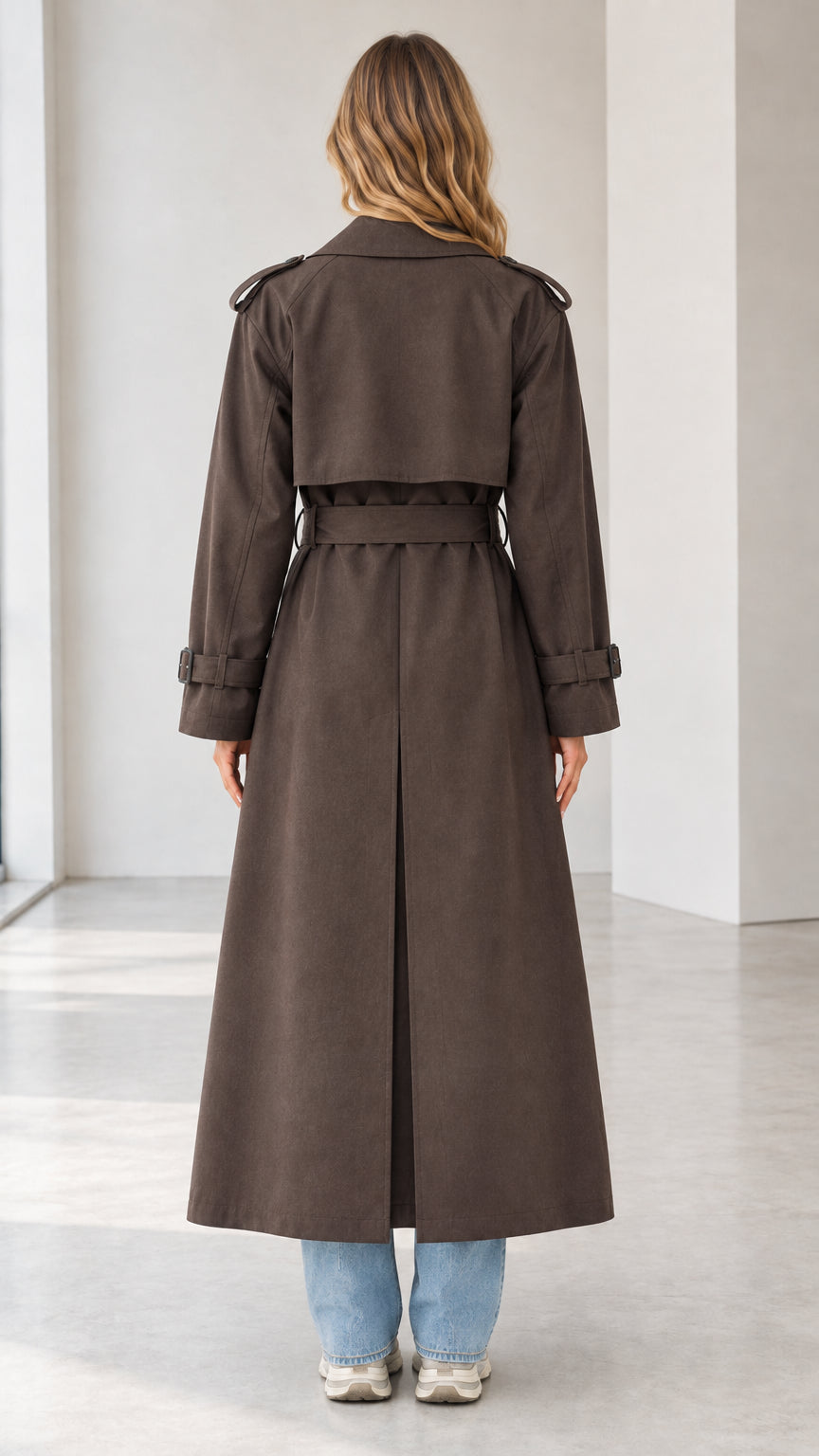 Rear view of woman in dark brown belted trench coat showing back storm flap and center vent
